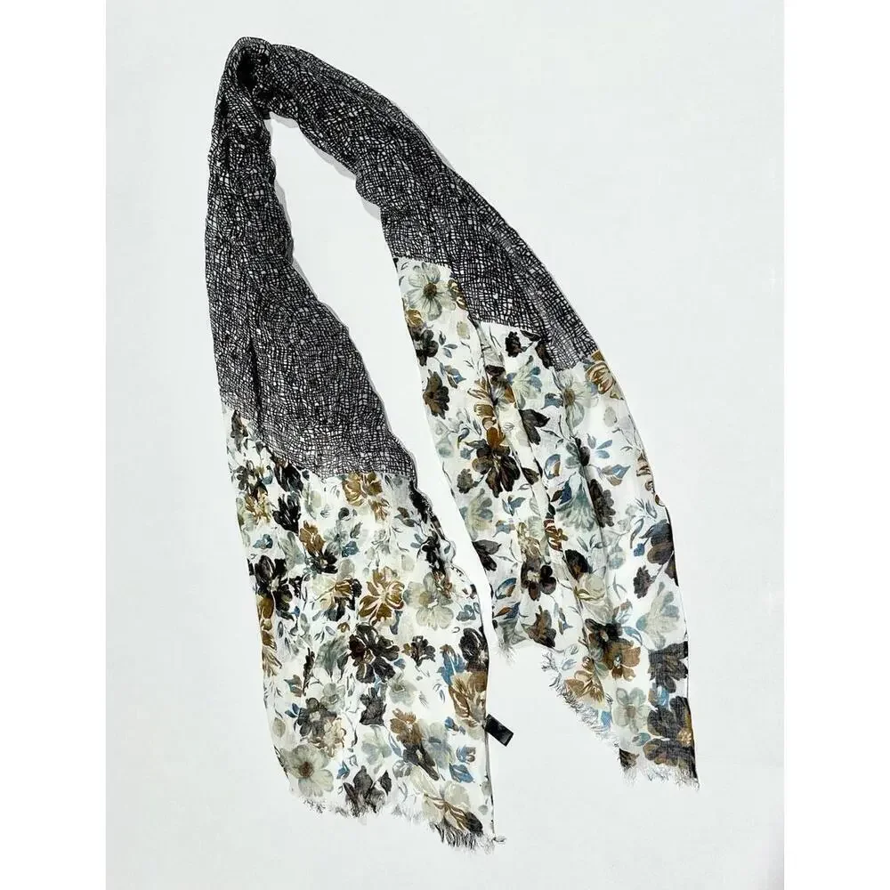 Womens Scarf Floral Theme Blue Black Brown Lightweight Fringe 100% Viscose